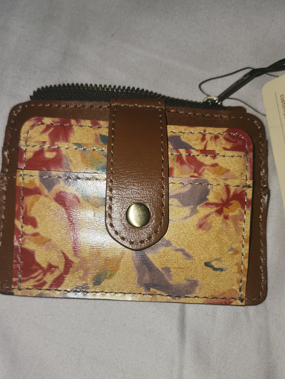 Patricia Nash Floral Yellow Brown Leather Zip Card Wallet